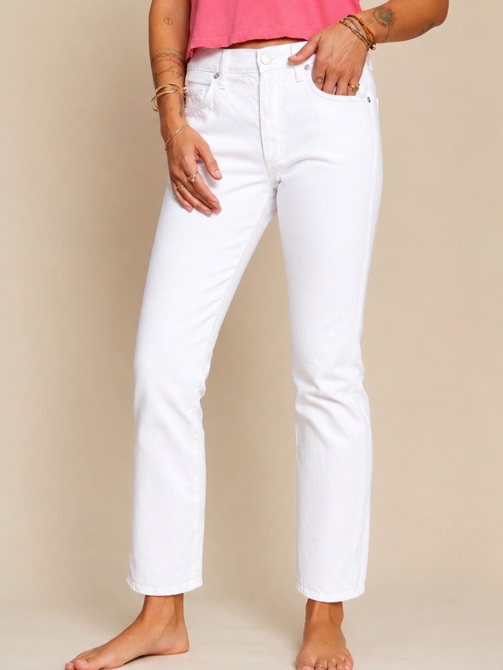 AMO Tomboy Cropped Jeans White High Rise Straight Leg Denim Size 27 100% Cotton